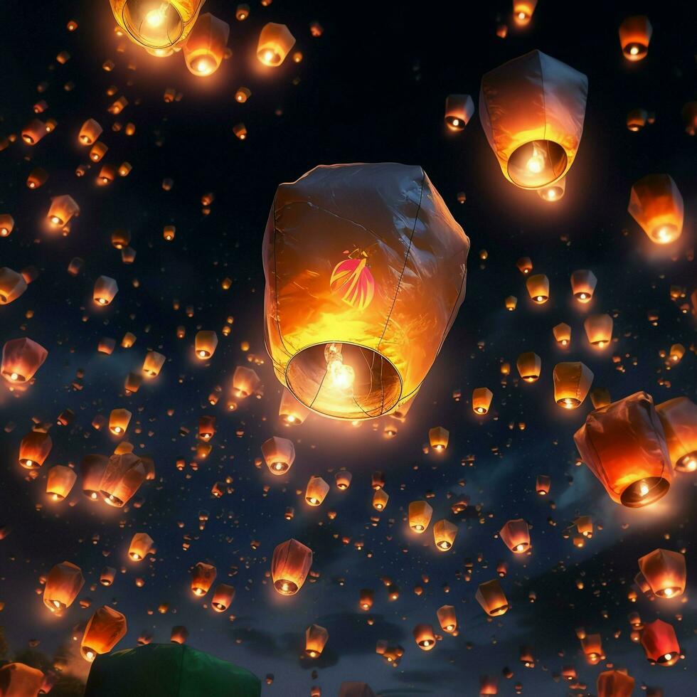 Flying lanterns in the night sky during the diwali festival india, yee peng or midautumn day in china concept by AI Generated photo