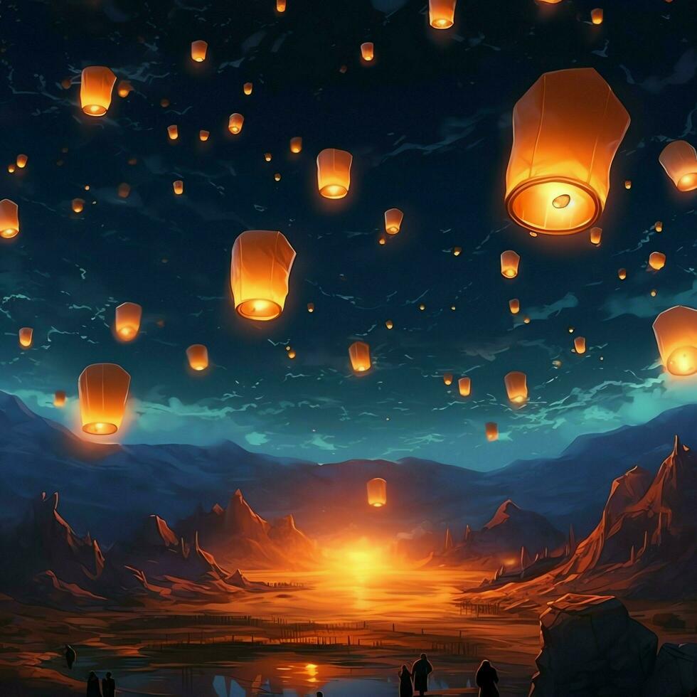 Flying lanterns in the night sky during the diwali festival india, yee peng or midautumn day in china concept by AI Generated photo