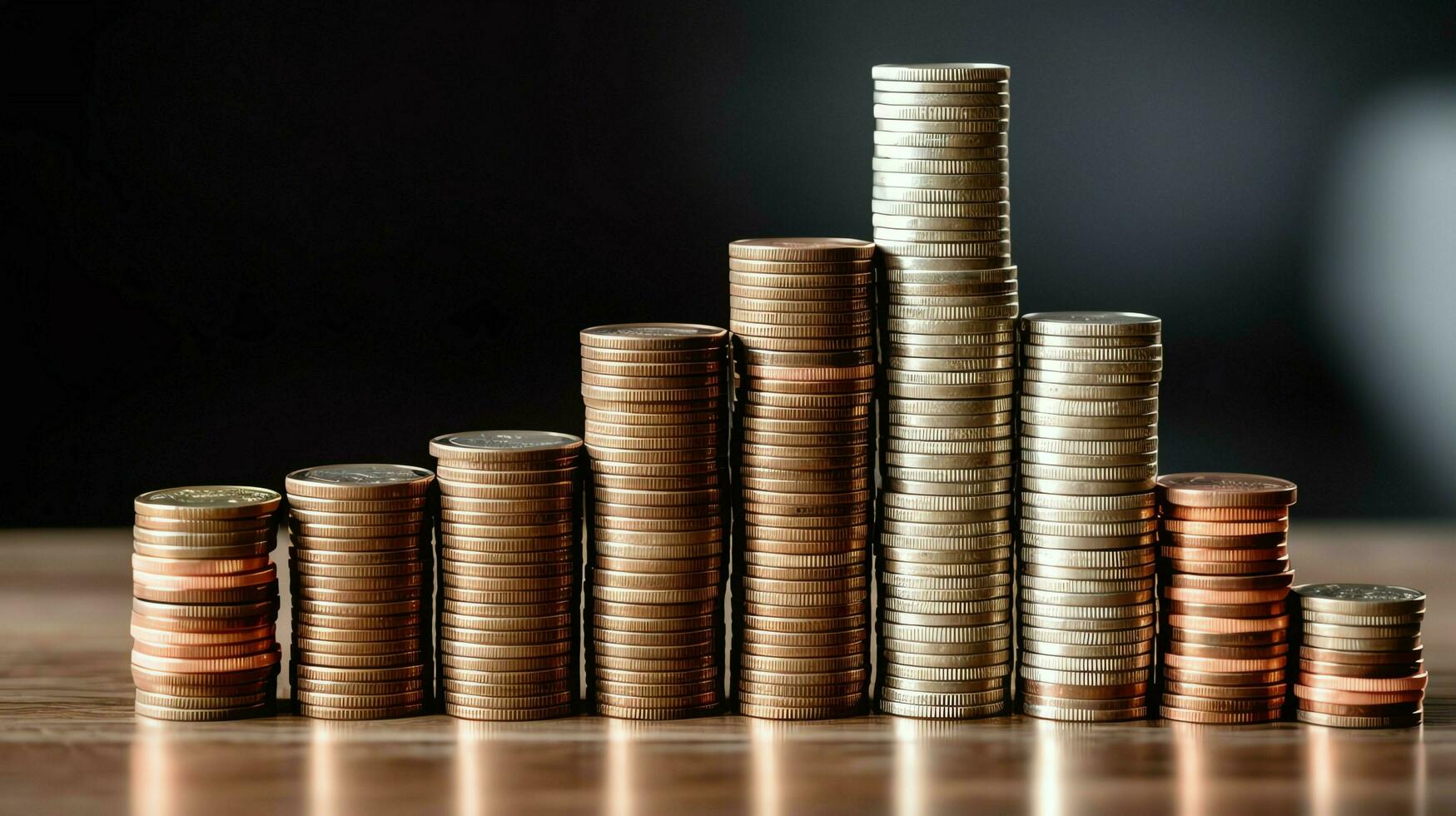 Stacks of savings coin arranged in ascending order on wooden working table or high coin towers representing the richness concept by AI Generated photo