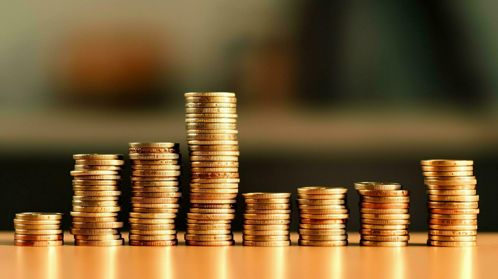 Stacks of savings coin arranged in ascending order on wooden working table or high coin towers representing the richness concept by AI Generated photo