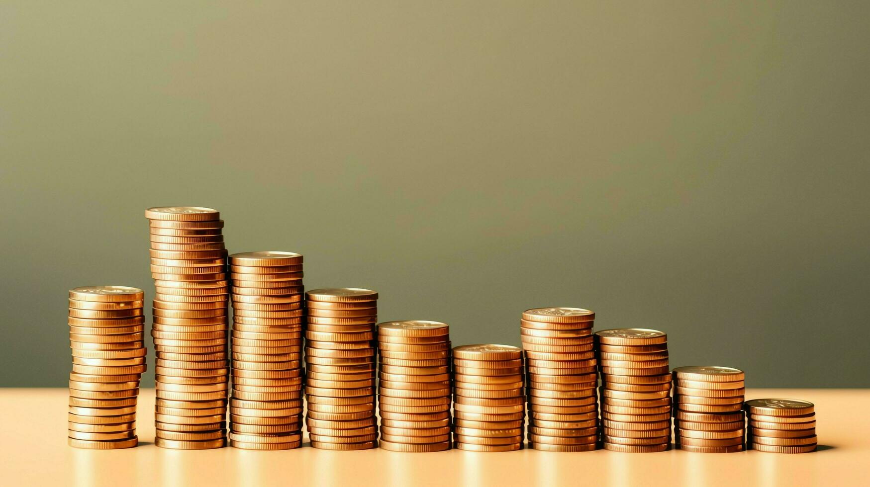 Stacks of savings coin arranged in ascending order on wooden working table or high coin towers representing the richness concept by AI Generated photo