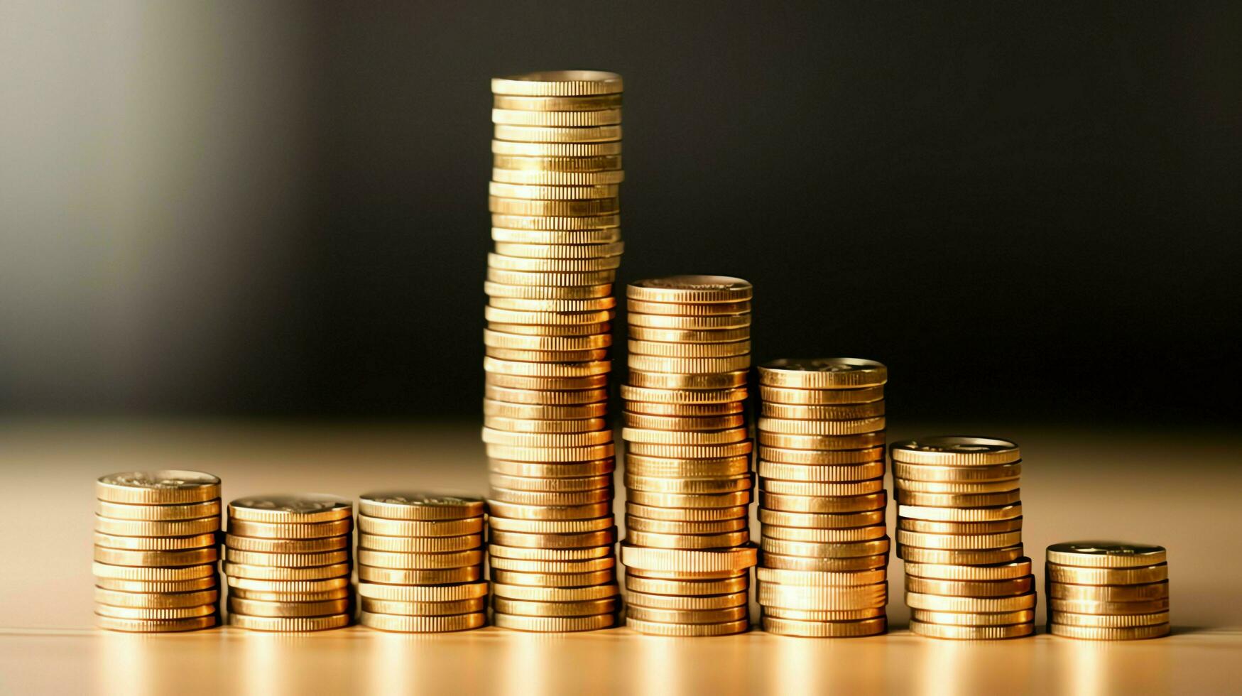 Stacks of savings coin arranged in ascending order on wooden working table or high coin towers representing the richness concept by AI Generated photo