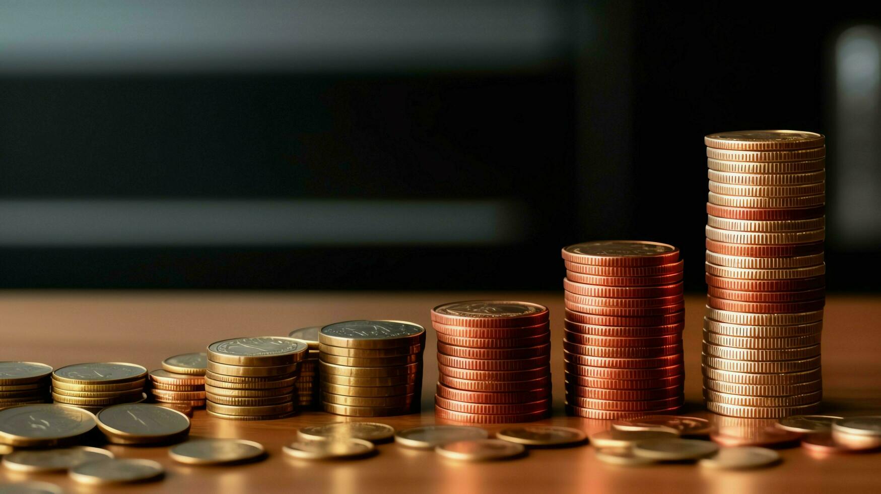 pilas de ahorros moneda arreglado en ascendente orden en de madera trabajando mesa o alto moneda torres representando el riqueza concepto por ai generado foto