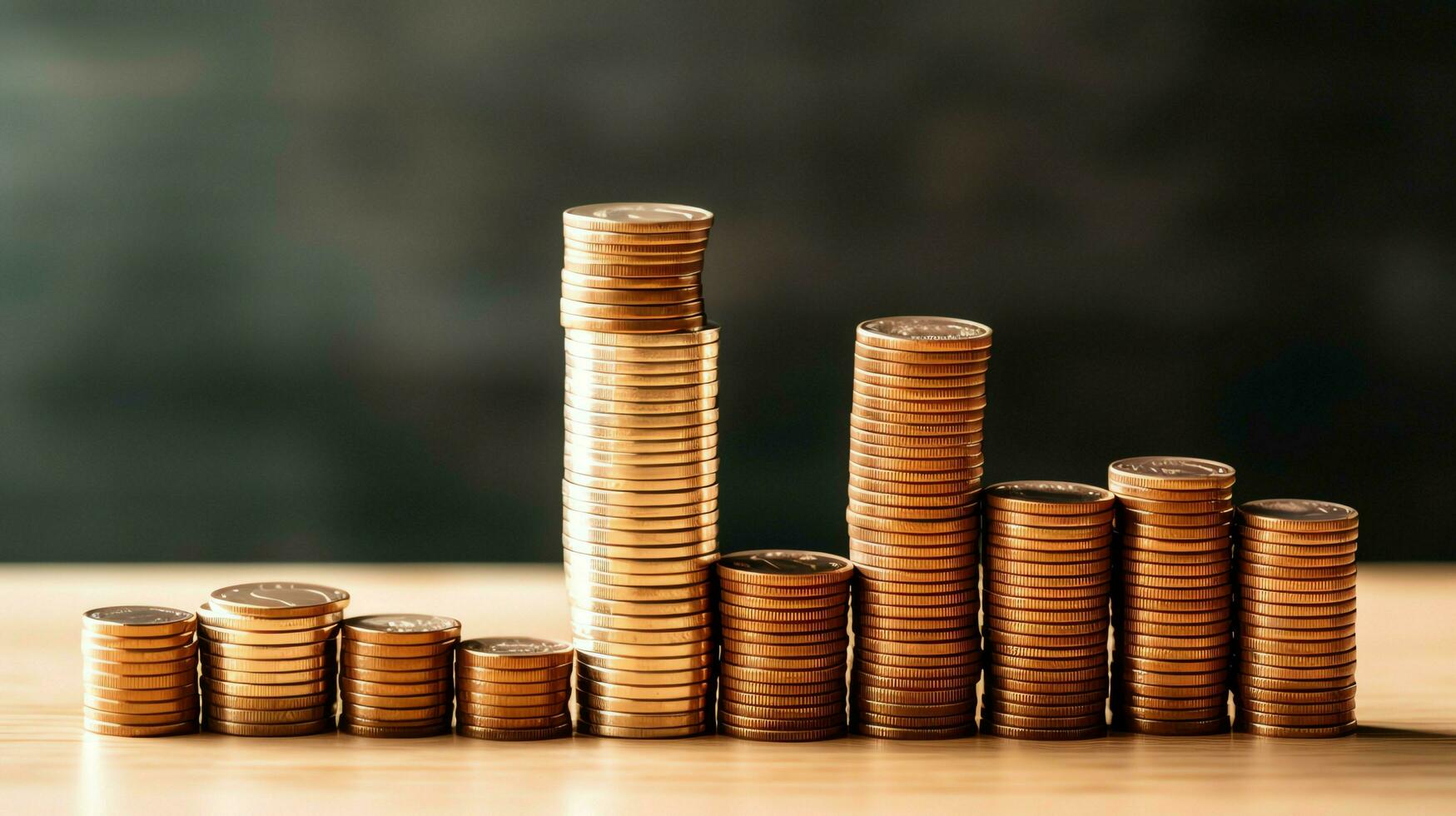 Stacks of savings coin arranged in ascending order on wooden working table or high coin towers representing the richness concept by AI Generated photo