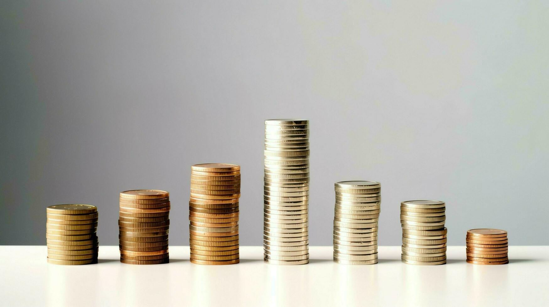 Stacks of savings coin arranged in ascending order on wooden working table or high coin towers representing the richness concept by AI Generated photo