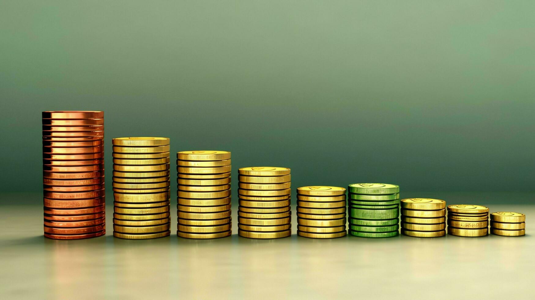Stacks of savings coin arranged in ascending order on wooden working table or high coin towers representing the richness concept by AI Generated photo