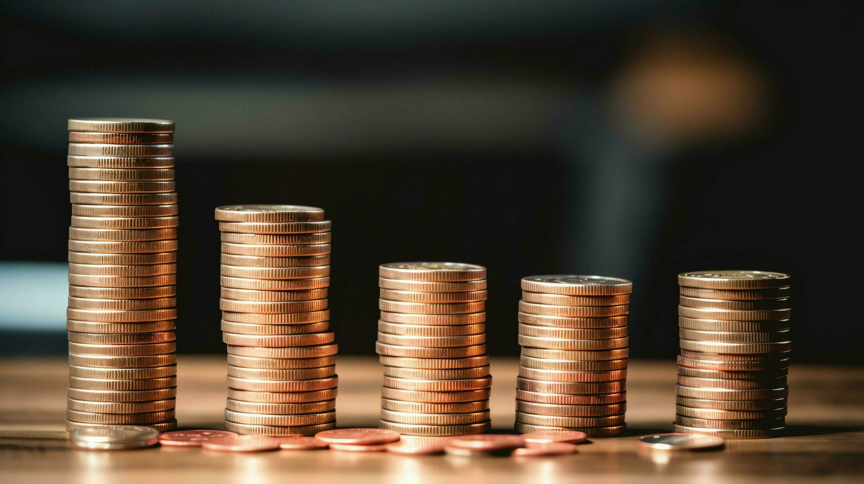 Stacks of savings coin arranged in ascending order on wooden working table or high coin towers representing the richness concept by AI Generated photo