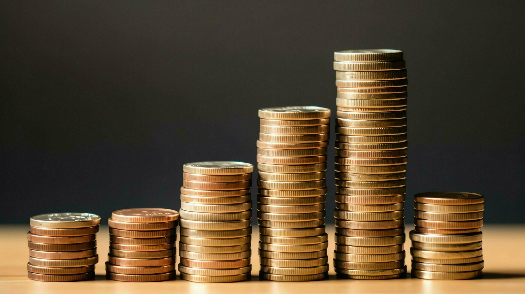 Stacks of savings coin arranged in ascending order on wooden working table or high coin towers representing the richness concept by AI Generated photo