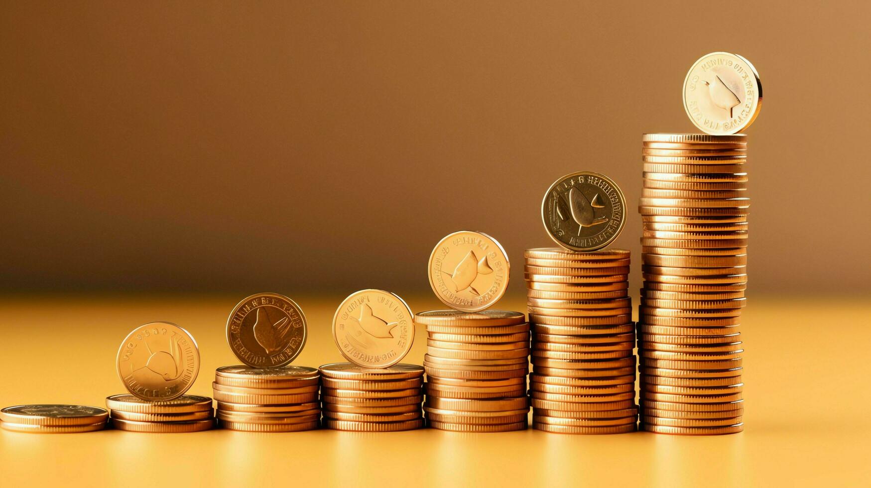 Stacks of savings coin arranged in ascending order on wooden working table or high coin towers representing the richness concept by AI Generated photo