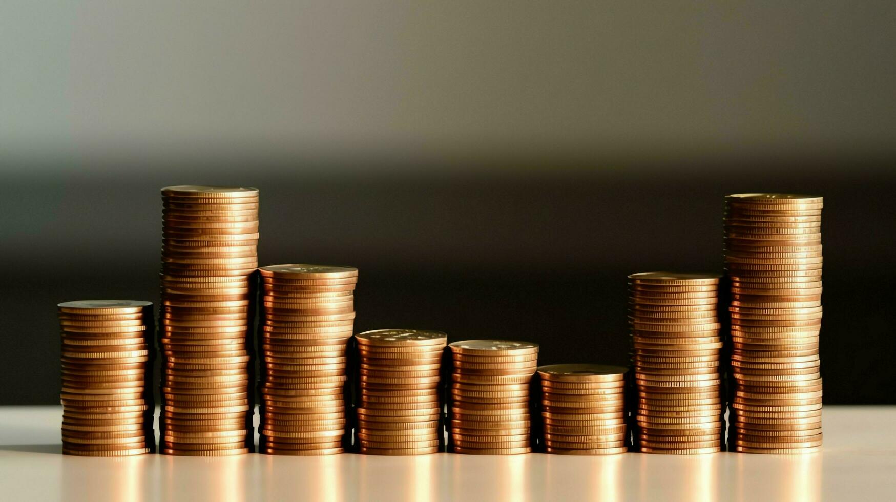 Stacks of savings coin arranged in ascending order on wooden working table or high coin towers representing the richness concept by AI Generated photo
