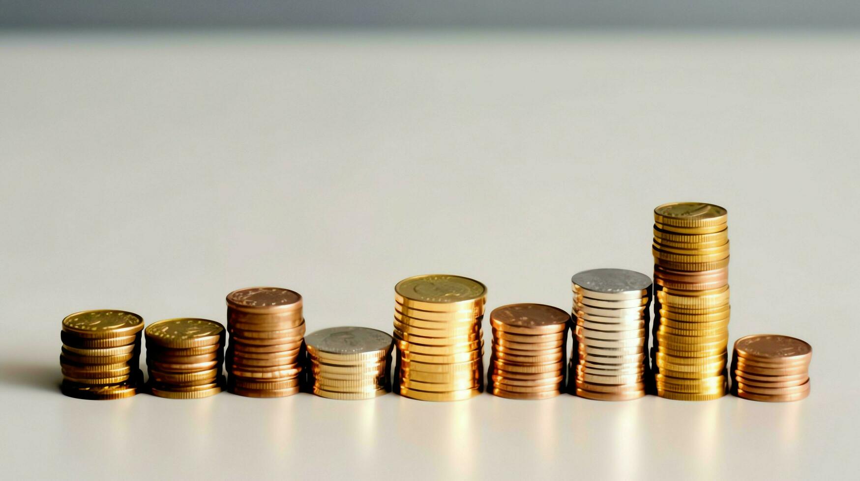 Stacks of savings coin arranged in ascending order on wooden working table or high coin towers representing the richness concept by AI Generated photo