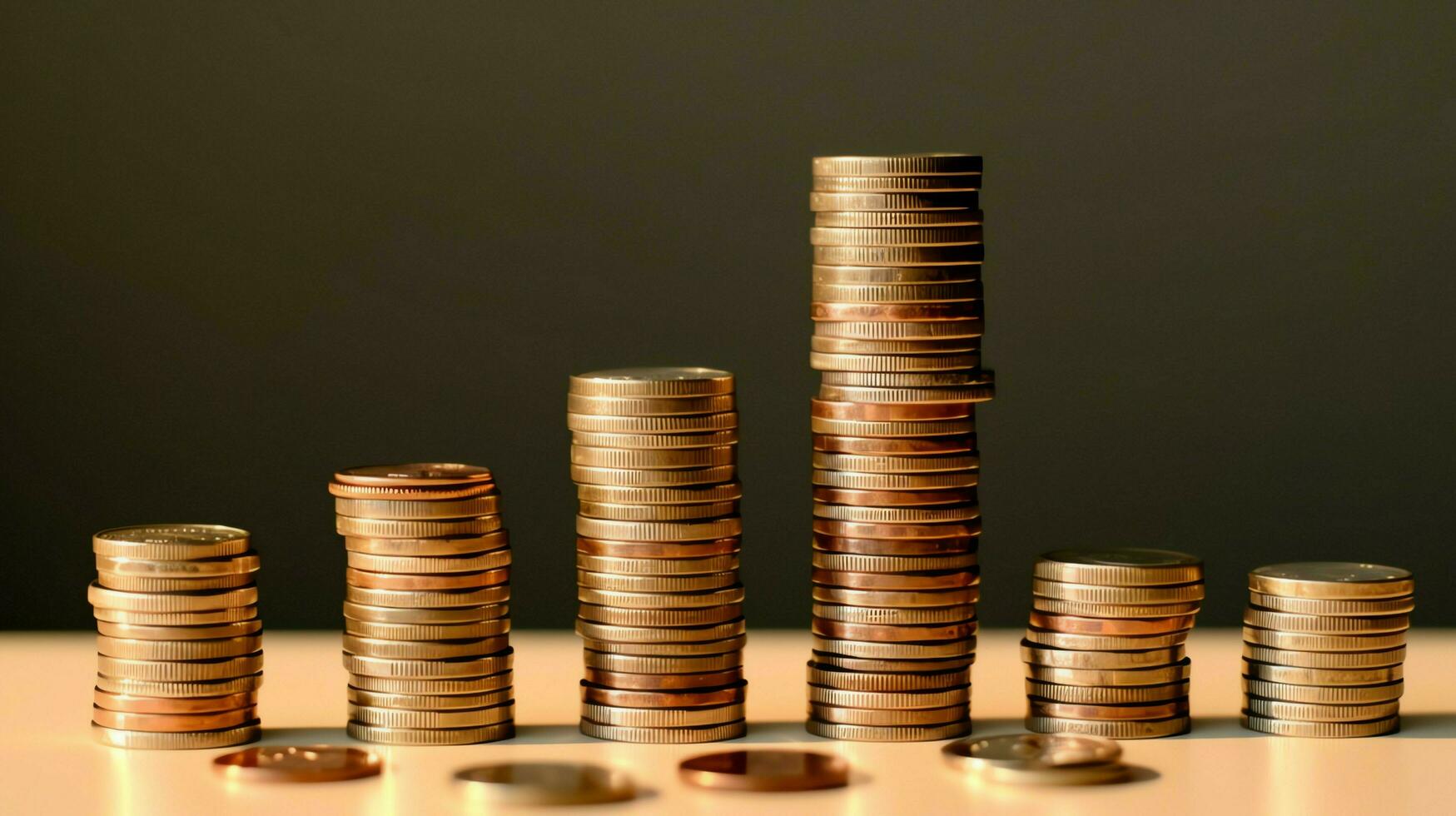Stacks of savings coin arranged in ascending order on wooden working table or high coin towers representing the richness concept by AI Generated photo