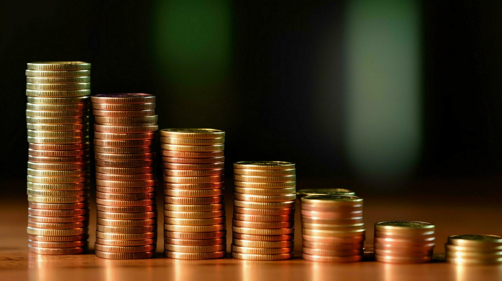Stacks of savings coin arranged in ascending order on wooden working table or high coin towers representing the richness concept by AI Generated photo