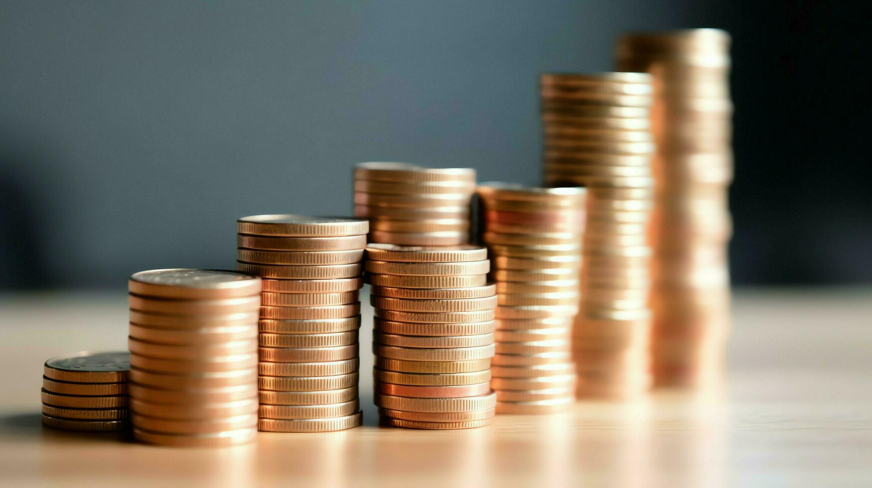 Stacks of savings coin arranged in ascending order on wooden working table or high coin towers representing the richness concept by AI Generated photo