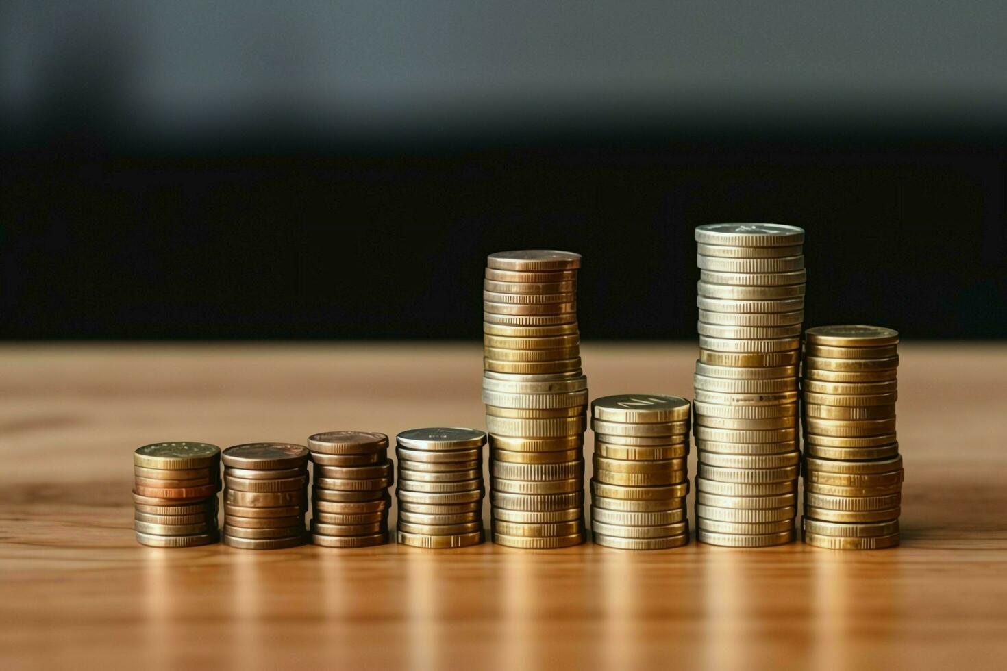 Stacks of savings coin arranged in ascending order on wooden working table or high coin towers representing the richness concept by AI Generated photo