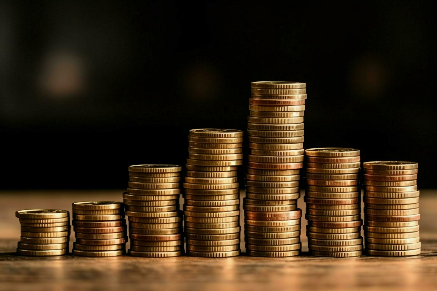 Stacks of savings coin arranged in ascending order on wooden working table or high coin towers representing the richness concept by AI Generated photo