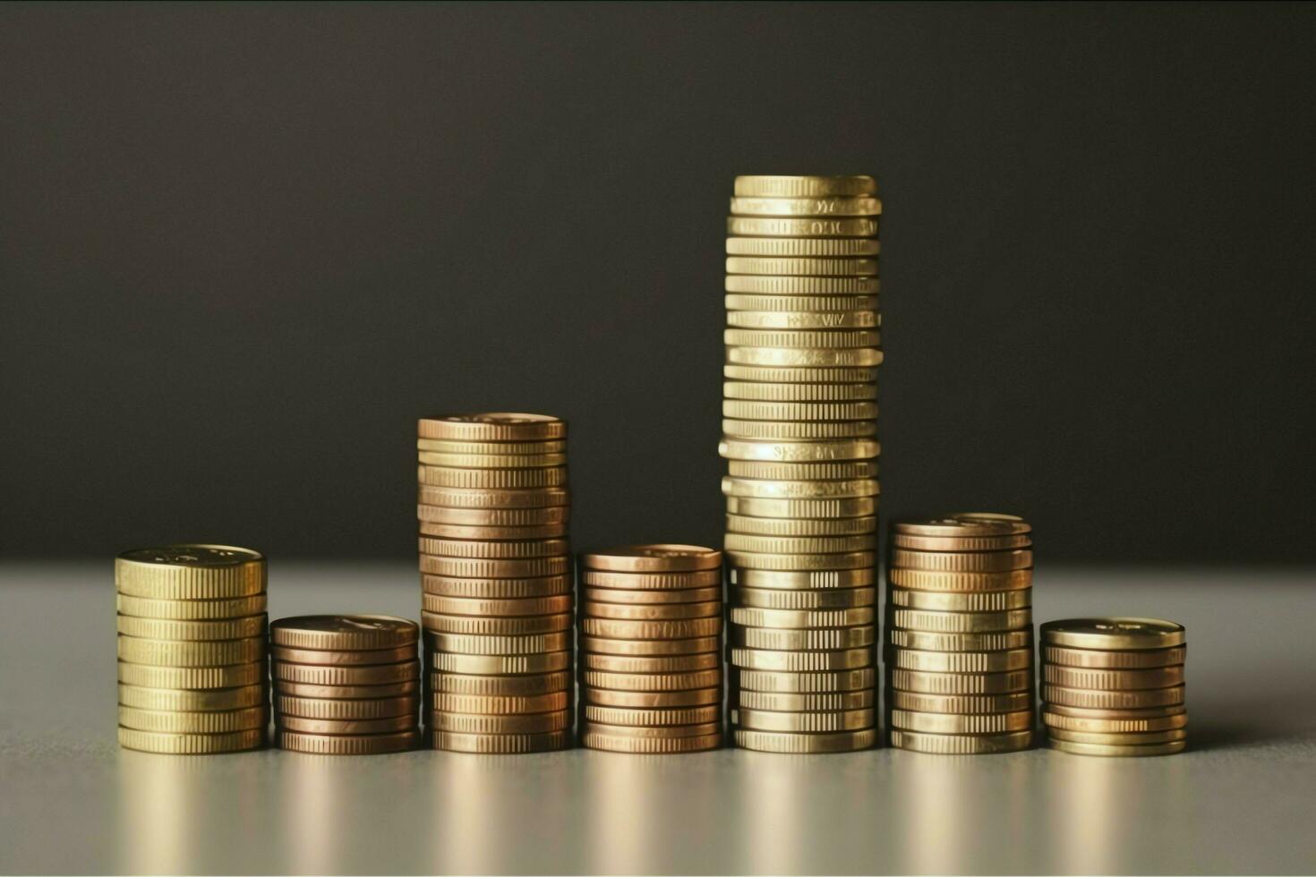 Stacks of savings coin arranged in ascending order on wooden working table or high coin towers representing the richness concept by AI Generated photo
