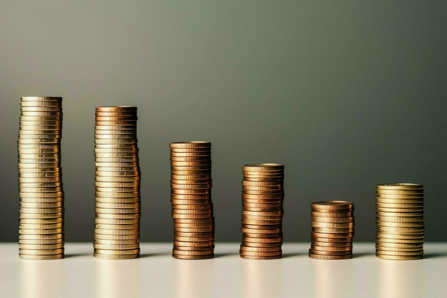 Stacks of savings coin arranged in ascending order on wooden working table or high coin towers representing the richness concept by AI Generated photo