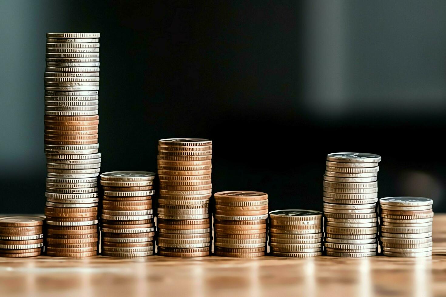 Stacks of savings coin arranged in ascending order on wooden working table or high coin towers representing the richness concept by AI Generated photo