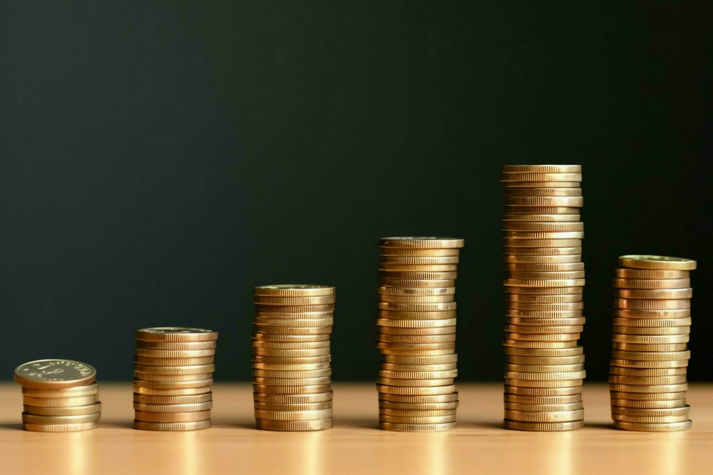 Stacks of savings coin arranged in ascending order on wooden working table or high coin towers representing the richness concept by AI Generated photo