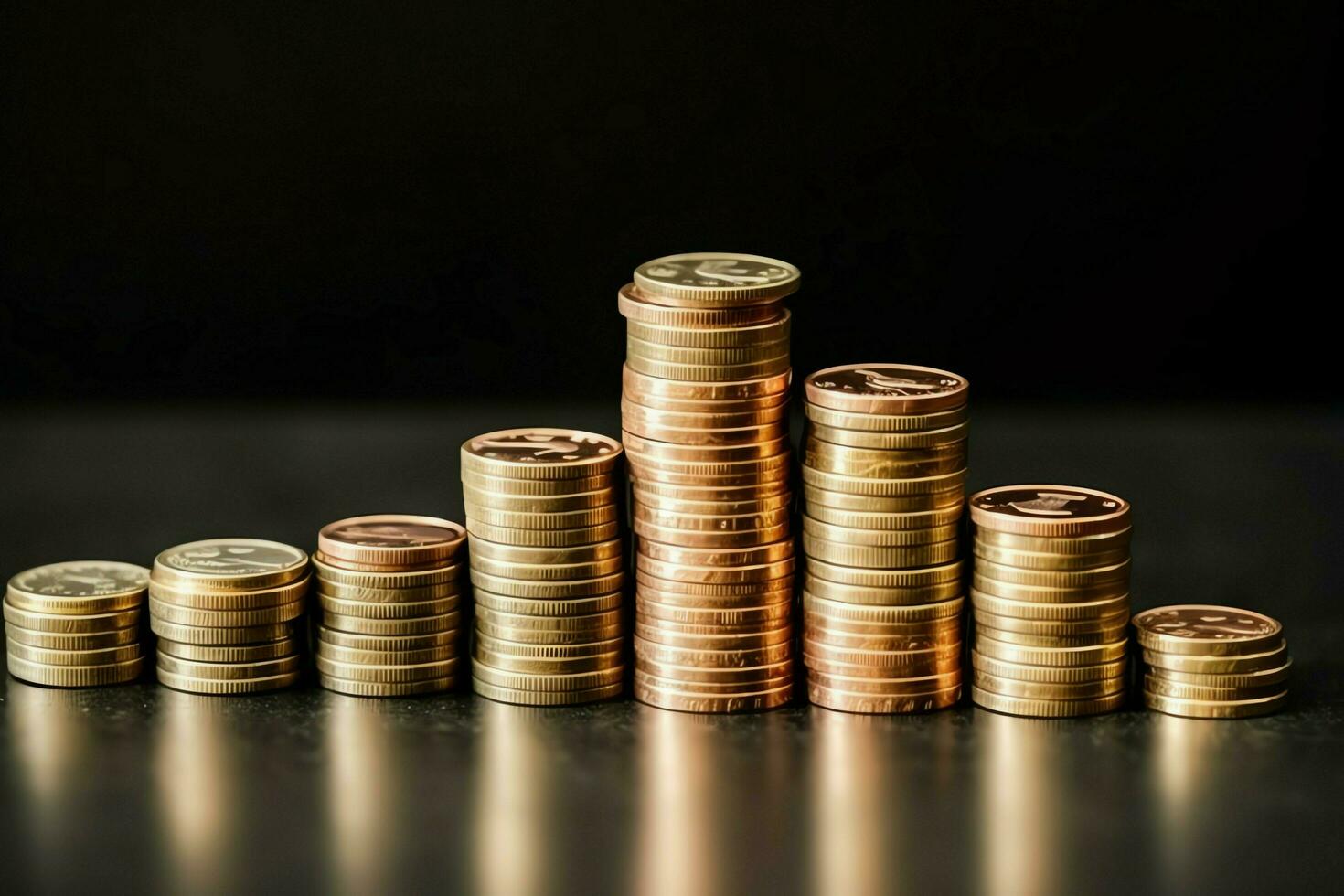 Stacks of savings coin arranged in ascending order on wooden working table or high coin towers representing the richness concept by AI Generated photo