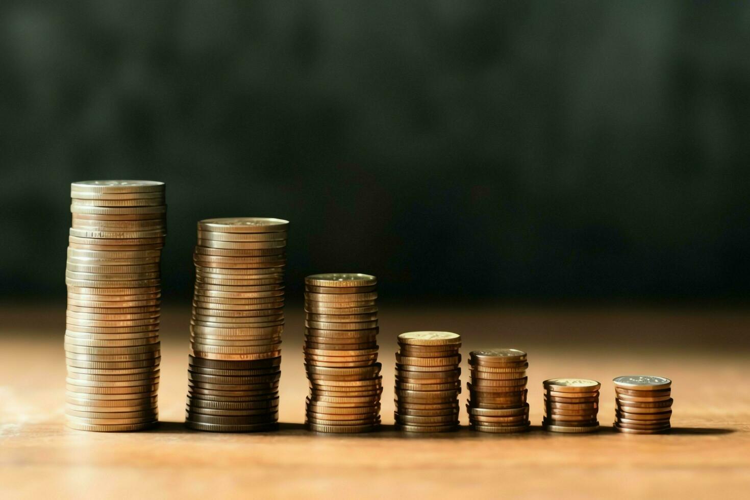 Stacks of savings coin arranged in ascending order on wooden working table or high coin towers representing the richness concept by AI Generated photo