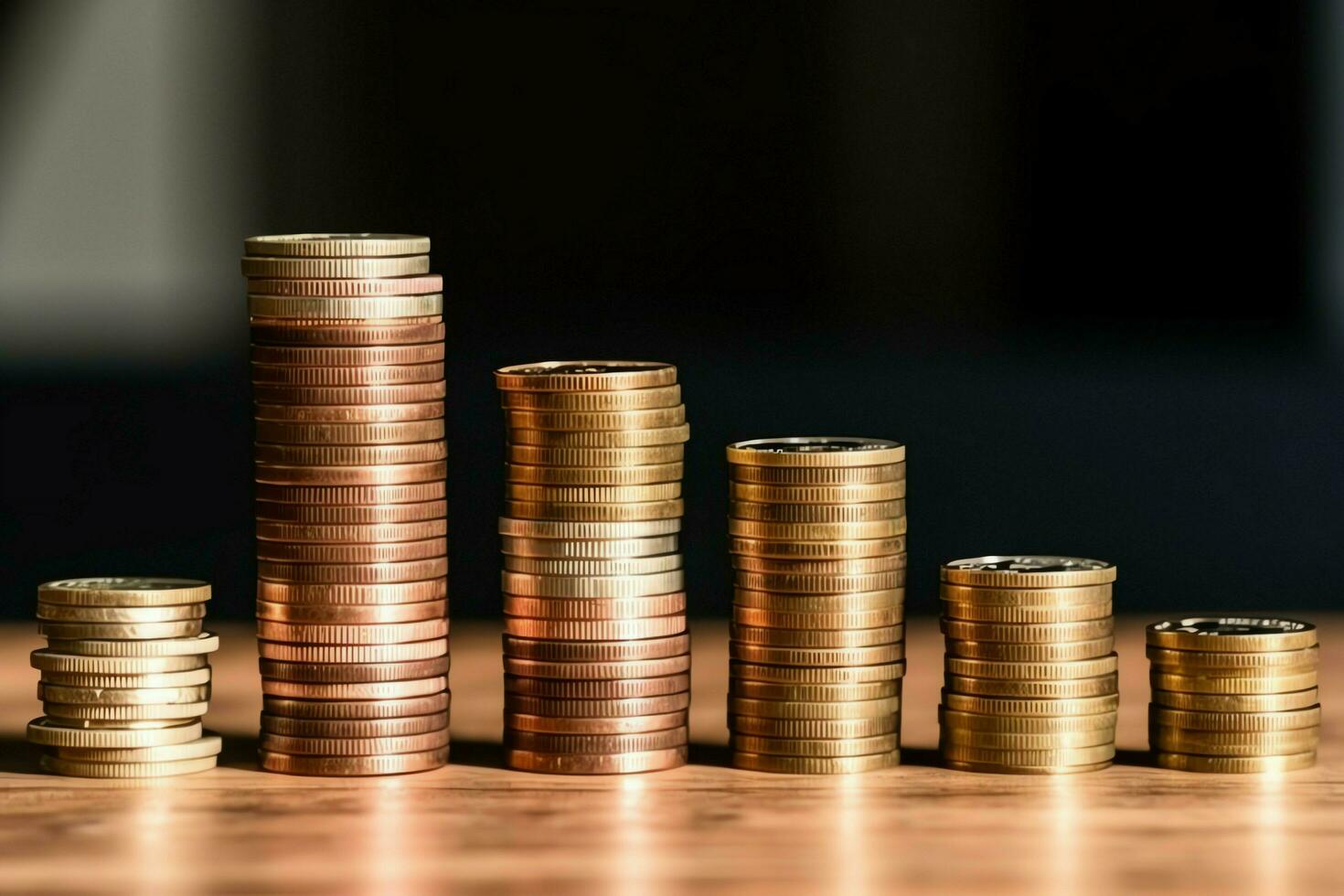 Stacks of savings coin arranged in ascending order on wooden working table or high coin towers representing the richness concept by AI Generated photo