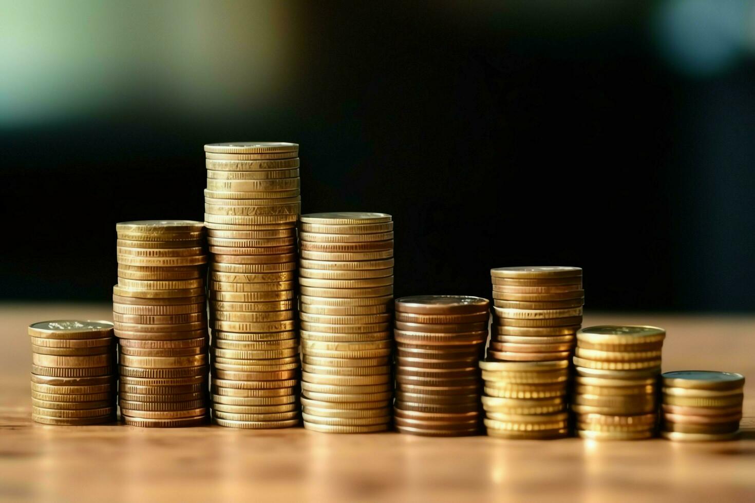 Stacks of savings coin arranged in ascending order on wooden working table or high coin towers representing the richness concept by AI Generated photo