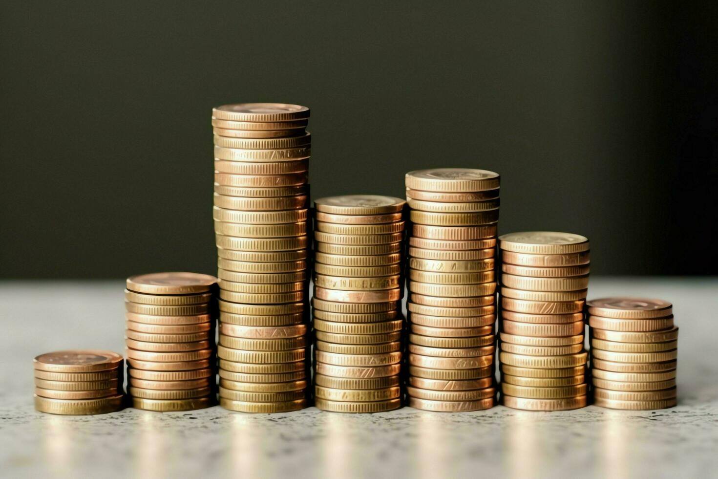 Stacks of savings coin arranged in ascending order on wooden working table or high coin towers representing the richness concept by AI Generated photo