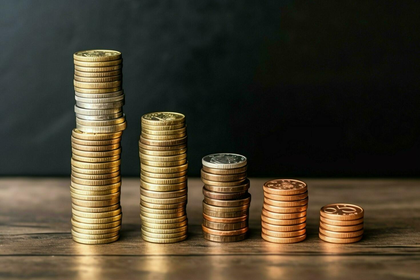 Stacks of savings coin arranged in ascending order on wooden working table or high coin towers representing the richness concept by AI Generated photo