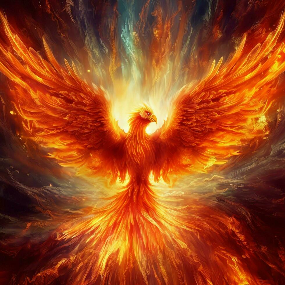 Phoenix bird with outstretched wings rising burning in flames. Epic phoenix bird fire rebirth power concept by AI Generated photo