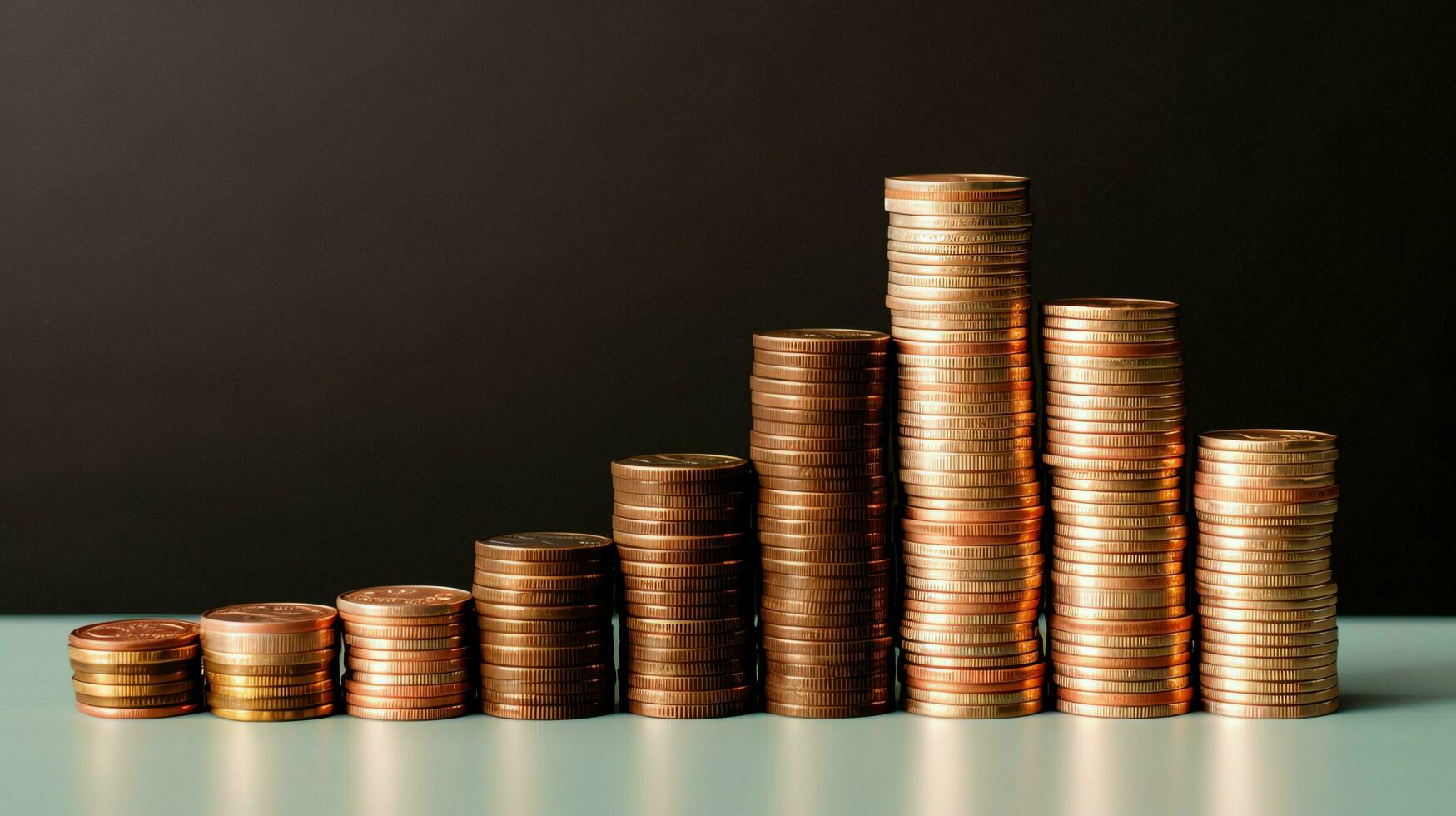 Stacks of savings coin arranged in ascending order on wooden working table or high coin towers representing the richness concept by AI Generated photo