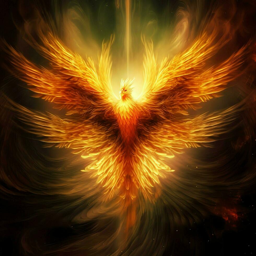 Phoenix bird with outstretched wings rising burning in flames. Epic phoenix bird fire rebirth power concept by AI Generated photo