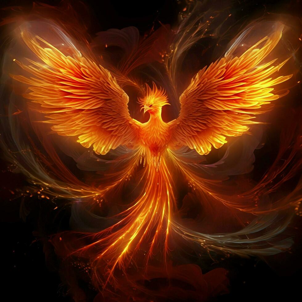 Phoenix bird with outstretched wings rising burning in flames. Epic phoenix bird fire rebirth power concept by AI Generated photo