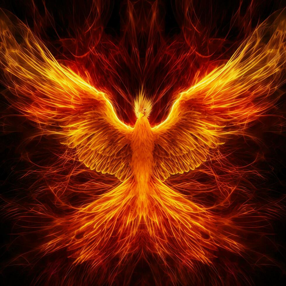 Phoenix bird with outstretched wings rising burning in flames. Epic phoenix bird fire rebirth power concept by AI Generated photo