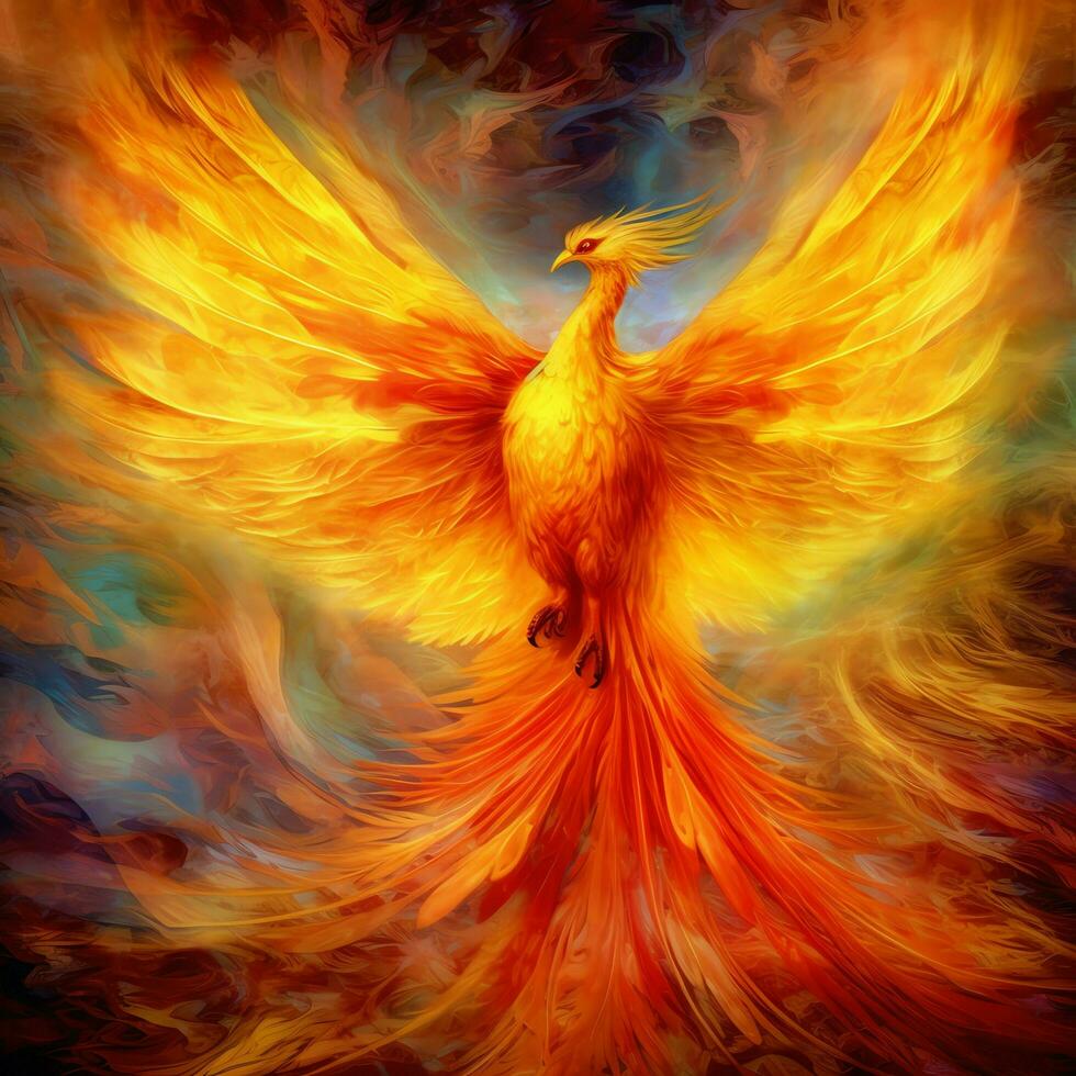 Phoenix bird with outstretched wings rising burning in flames. Epic phoenix bird fire rebirth power concept by AI Generated photo