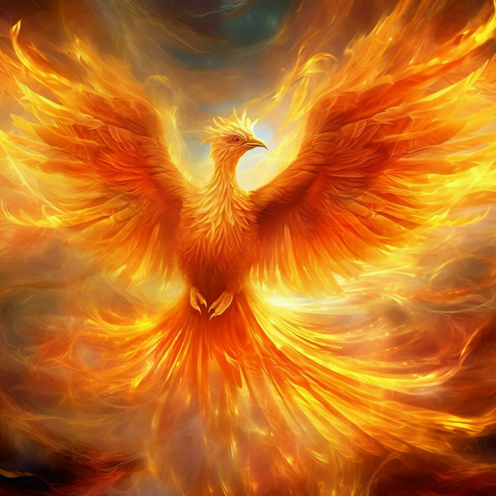 Phoenix bird with outstretched wings rising burning in flames. Epic phoenix bird fire rebirth power concept by AI Generated photo
