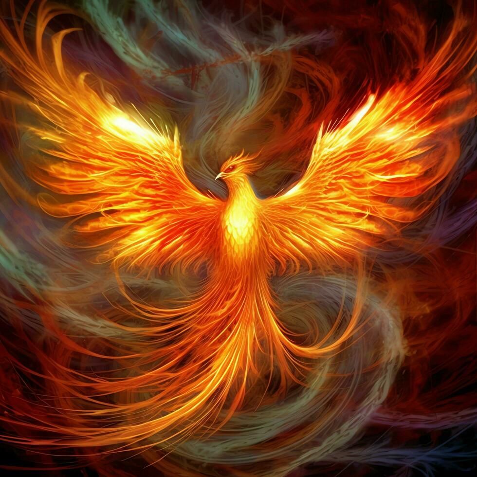 Phoenix bird with outstretched wings rising burning in flames. Epic phoenix bird fire rebirth power concept by AI Generated photo