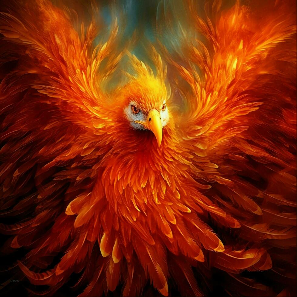 Phoenix bird with outstretched wings rising burning in flames. Epic phoenix bird fire rebirth power concept by AI Generated photo