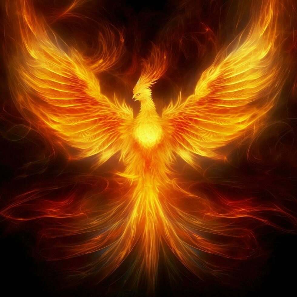 Phoenix bird with outstretched wings rising burning in flames. Epic phoenix bird fire rebirth power concept by AI Generated photo