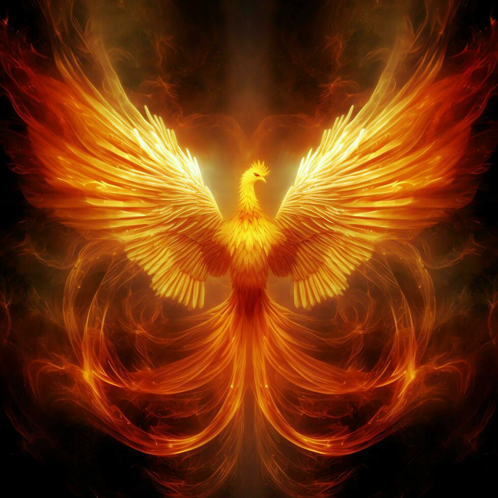 Phoenix bird with outstretched wings rising burning in flames. Epic phoenix bird fire rebirth power concept by AI Generated photo