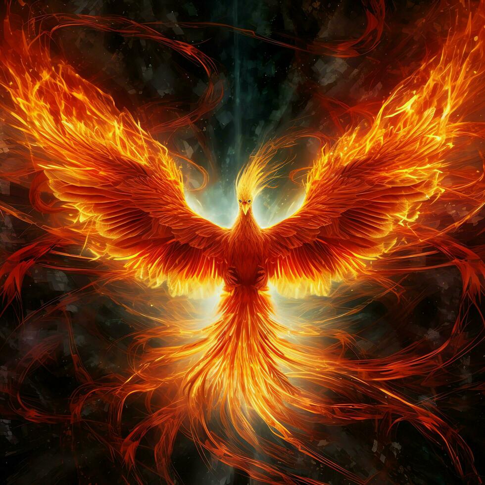 Phoenix bird with outstretched wings rising burning in flames. Epic phoenix bird fire rebirth power concept by AI Generated photo