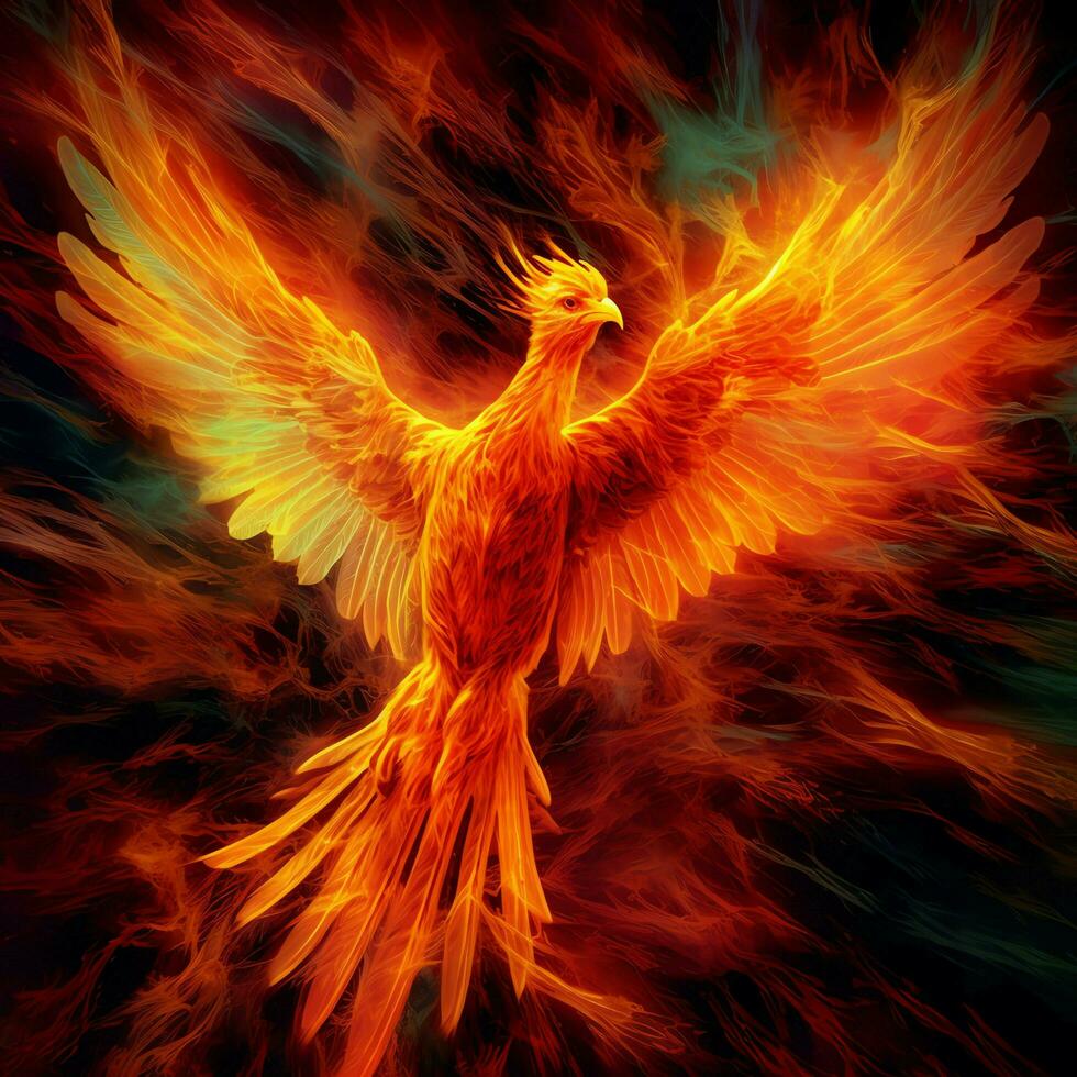 Phoenix bird with outstretched wings rising burning in flames. Epic phoenix bird fire rebirth power concept by AI Generated photo