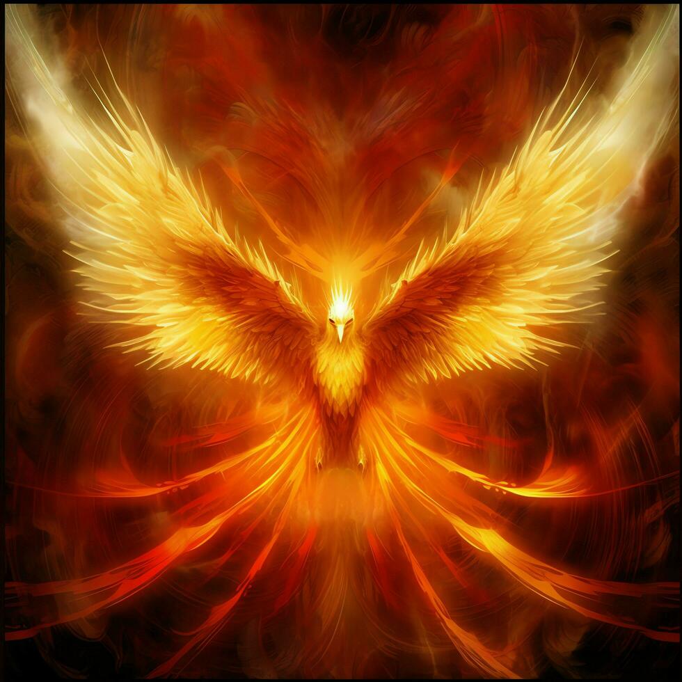 Phoenix bird with outstretched wings rising burning in flames. Epic phoenix bird fire rebirth power concept by AI Generated photo