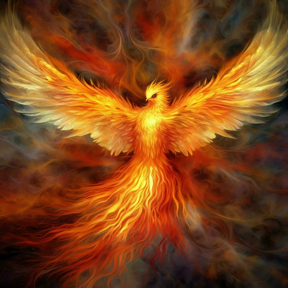 Phoenix bird with outstretched wings rising burning in flames. Epic phoenix bird fire rebirth power concept by AI Generated photo