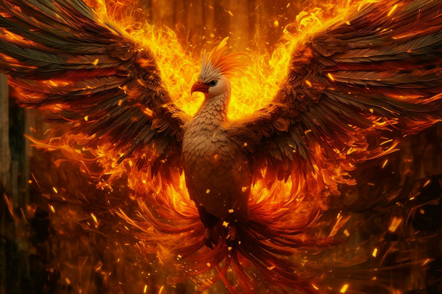 Phoenix bird with outstretched wings rising burning in flames. Epic phoenix bird fire rebirth power concept by AI Generated photo