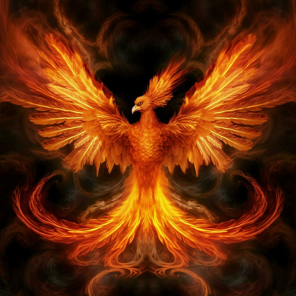 Phoenix bird with outstretched wings rising burning in flames. Epic phoenix bird fire rebirth power concept by AI Generated photo