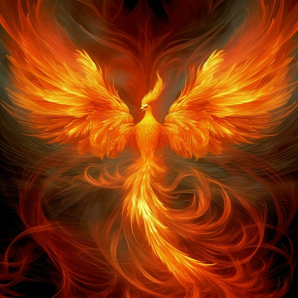 Phoenix bird with outstretched wings rising burning in flames. Epic phoenix bird fire rebirth power concept by AI Generated photo