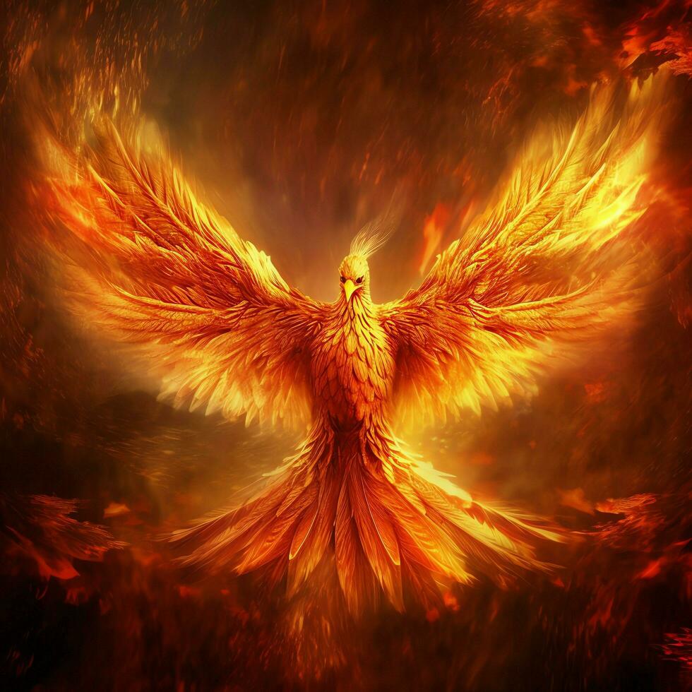 Phoenix bird with outstretched wings rising burning in flames. Epic phoenix bird fire rebirth power concept by AI Generated photo