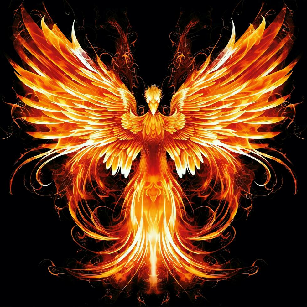Phoenix bird with outstretched wings rising burning in flames. Epic phoenix bird fire rebirth power concept by AI Generated photo